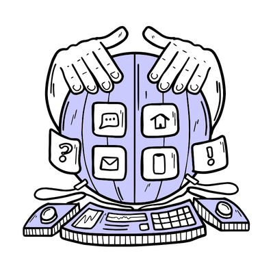 Ilustração de um hub central conectando canais, vendas e dados em um só lugar